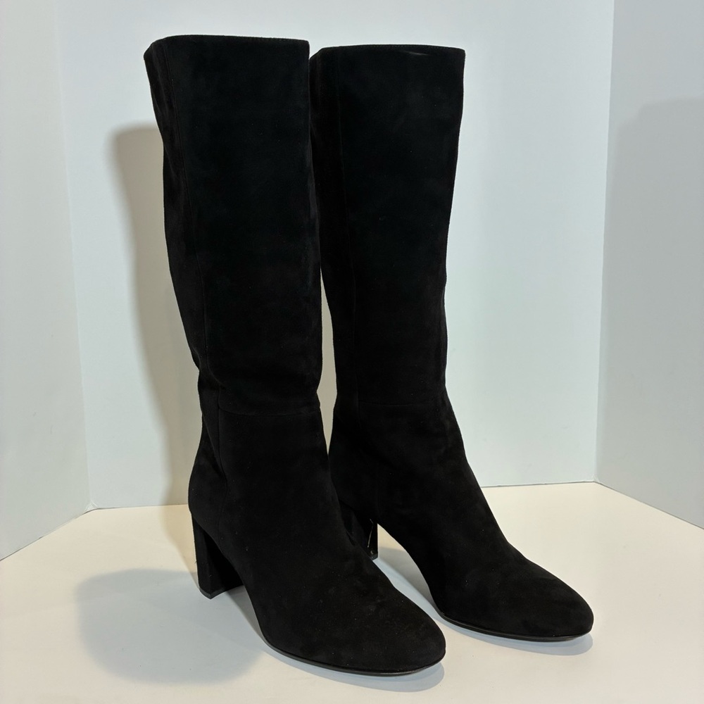Margaux Black Suede Knee High Heeled Boots Block Heel Size 10.5